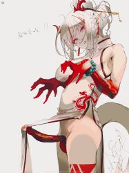 Rule 34 | 1futa, absurdres, arknights, ass, bare shoulders, bead bracelet, beads, bracelet, braid, breasts, china dress, chinese clothes, colored skin, dress, earrings, erection, eyeliner, futanari, hair ornament, highres, horns, jewelry, looking at viewer, ltotyht, makeup, multicolored skin, nian (arknights), no panties, penis, pointy ears, ponytail, red eyes, sleeveless, smile, solo, tail, testicles, white hair