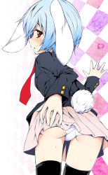 1girl animal_ears ass black_thighhighs blazer blue_hair blush chima_q clothes_lift female_focus floppy_ears from_behind highres jacket lifting_own_clothes long_sleeves looking_at_viewer looking_back miniskirt necktie panties pink_skirt pleated_skirt rabbit_ears rabbit_tail red_eyes red_necktie reisen short_hair simple_background skirt skirt_lift solo standing sweat tail thighhighs touhou underwear white_background white_panties