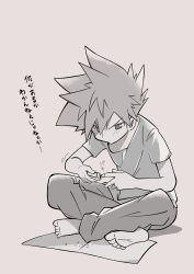 1boy applying_manicure barefoot blue_oak blush clipping_nails full_body greyscale highres male_focus monochrome nail_clippers nintendo pants pokemon pokemon_rgby rascal_(feuille) short_hair short_sleeves simple_background sitting solo spiked_hair translation_request