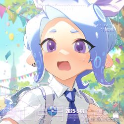 1girl 2025 artist_name backpack bag bag_charm blue_hair blue_necktie blurry blurry_background bow character_charm charm_(object) collared_shirt crossover dated earrings gen_3_pokemon grey_bag hair_bow highres holding_strap jewelry mole mole_under_eye necktie nintendo octoling octoling_girl octoling_player_character open_mouth pabuk5w parted_bangs pokemon pokemon_sv portrait purple_bow purple_eyes shirt short_hair solo spheal splatoon_(series) tentacle_hair watermark white_shirt