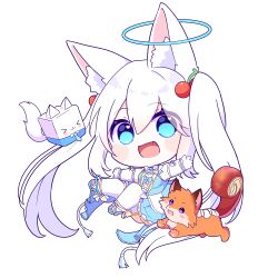 1girl animal_ears blue_dress blue_eyes bow chibi dress elbow_gloves fang fang_out fox_ears fox_girl fox_tail gloves hair_bow indie_virtual_youtuber kirsche_verstahl korsche nail_polish socks tail thighhighs twintails virtual_youtuber white_gloves white_hair white_socks