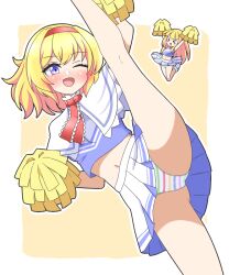 &gt;_&lt; 2girls :d \o/ alice_margatroid arms_up blonde_hair blue_eyes blue_shirt blunt_bangs blush blush_stickers border breasts capelet cheering cheerleader commentary_request cowboy_shot crop_top gluteal_fold hairband highres holding holding_pom_poms jumping leg_up long_hair midriff miniskirt multicolored_panties multiple_girls navel one_eye_closed open_mouth outline outstretched_arms panties pantyshot pleated_skirt pom_pom_(cheerleading) pom_poms red_hairband shanghai_doll shirt shoes short_hair skirt sleeveless small_breasts smile split standing standing_on_one_leg standing_split striped_clothes striped_panties touhou underwear upskirt w_arms white_border white_capelet white_outline white_panties white_shoes white_skirt yellow_background zenji029