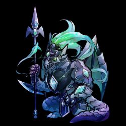 1other armor black_background blue_gemstone character_request commentary_request dragon dragon_village_(series) dragon_village_collection furry gem green_eyes highres holding holding_polearm holding_weapon knight looking_at_viewer on_one_knee polearm simple_background tok10n0 weapon