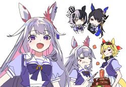 Rule 34 | 4girls, :d, animal ears, black hair, blonde hair, brown eyes, closed eyes, colored inner hair, eating, face gems, food, food on face, grey hair, hair flaps, highres, hololive, hololive english, hololive indonesia, horse ears, horse girl, horse tail, kaela kovalskia, kemonomimi mode, koseki bijou, long hair, looking at viewer, mole, mole under eye, multicolored hair, multiple girls, nerissa ravencroft, open mouth, pink hair, red eyes, school uniform, shiori novella, simple background, smile, swept bangs, tail, tracen school uniform, two-tone hair, umamusume, upper body, virtual youtuber, white background, yomosaka