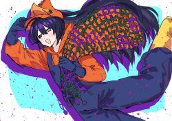 Rule 34 | 1boy, :d, black eyes, black hair, blue eyes, blue gloves, blue overalls, boots, e.g.o (project moon), fishing net, gloves, hat, heterochromia, high ponytail, highres, holding net, hong lu (project moon), hood, hoodie, limbus company, long hair, long sleeves, looking at viewer, male focus, open mouth, orange hat, orange hoodie, overalls, ponytail, project moon, shrimp, simple background, smile, soda (e.g.o), solo, standing, upper body, white background, xxed h, yellow boots