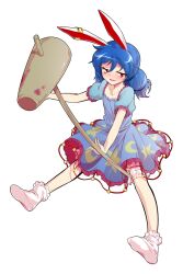 1girl alphes_(style) animal_ears bloomers blue_hair blush commentary_request dairi dress earclip full_body holding kine large_variant_set long_hair mallet parody puffy_short_sleeves puffy_sleeves rabbit_ears seiran_(touhou) short_dress short_sleeves socks solo style_parody tachi-e touhou transparent_background underwear variant_set