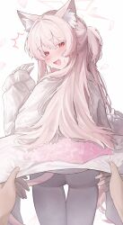 1girl 1other absurdres akira_(blue_archive) animal_ear_fluff animal_ears black_gloves black_pantyhose blue_archive blush dress gloves grey_hair halo highres long_hair looking_at_viewer oiru_(613) open_mouth pantyhose pink_halo red_eyes sidelocks simple_background tail white_background white_dress white_gloves