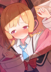 1girl absurdres animal_ear_headphones animal_ears averting_eyes bed_sheet blonde_hair blue_archive blue_necktie blush bow cat_ear_headphones cat_ears closed_mouth collared_shirt commentary_request dot_nose embarrassed fake_animal_ears hair_bow hair_spread_out halo hands_up headphones highres jacket light_particles long_sleeves looking_to_the_side low-tied_sidelocks lying medium_hair miyatanpo615 momoi_(blue_archive) multi-source_commentary multicolored_jacket necktie nose_blush on_back open_clothes open_jacket partial_commentary pink_eyes pink_halo pink_jacket raised_inner_eyebrows red_bow shadow shirt sidelocks solo suspenders sweat two-sided_fabric two-sided_jacket upper_body wavy_mouth white_jacket white_shirt wide_sleeves