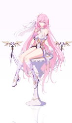 1girl absurdly_long_hair absurdres bare_shoulders black_shorts boots breasts chinese_commentary cleavage closed_mouth commentary_request diamond-shaped_pupils diamond_(shape) elysia_(herrscher_of_human:_ego)_(honkai_impact) elysia_(honkai_impact) full_body gloves gokusaishiki_(1376145360) hair_ornament highres honkai_(series) honkai_impact_3rd knee_boots large_breasts leotard long_hair on_table pink_hair pointy_ears purple_eyes reflective_floor short_shorts shorts sitting sitting_on_table smile solo symbol-shaped_pupils table thighs triquetra veil very_long_hair white_boots white_gloves white_leotard white_veil