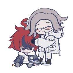 2boys ahoge aotsuki_eito black_eyes black_gloves blush chibi chibi_only closed_eyes closed_mouth drawstring glasses gloves grey_hair hoodie jacket male_focus messy_hair multiple_boys pants pill simple_background sitting smile solo solo_focus standing sumino_takumi the_hundred_line_-last_defense_academy- white_background white_hoodie white_jacket white_pants zipper zipper_pull_tab