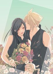 1boy 1girl bare_arms bare_shoulders birthday black_hair black_pants black_shirt black_shorts blonde_hair blush bouquet closed_eyes cloud_strife commentary_request couple earrings facing_another feet_out_of_frame field final_fantasy final_fantasy_vii final_fantasy_vii_advent_children flower flower_field highres holding holding_bouquet jewelry kissing_head long_hair mixmomo_yah pants parted_lips pink_flower pink_lips purple_flower red_eyes shirt short_hair shorts sitting sleeveless sleeveless_shirt stud_earrings swept_bangs tifa_lockhart upper_body yellow_flower
