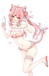 1girl ahoge animal_ears arm_up bare_shoulders beliatan bell bikini blush bow bow_choker breasts cat_ears cat_girl cat_hair_ornament cat_tail choker commentary crescent crescent_pin double_bun floral_print foot_out_of_frame frilled_bikini frilled_thigh_strap frills hair_bun hair_ornament hair_ribbon hairpin hand_up heart heart_hair_ornament highres holding holding_water_gun jingle_bell long_hair looking_at_viewer multiple_hairpins navel neck_bell open_mouth orange_eyes original pink_bikini pink_hair ribbon small_breasts solo swimsuit symbol-only_commentary tail tail_ornament tail_ribbon thigh_strap water_gun white_ribbon