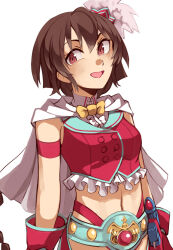 1girl aqua_belt bikini bikini_bottom_only bow bowtie braid brown_hair buttons cape chaps cropped_vest frilled_vest frills gem gloves gun hair_between_eyes hair_ornament handgun holstered long_hair magia_record:_mahou_shoujo_madoka_magica_gaiden magical_girl mahou_shoujo_madoka_magica mao_himika midriff moomoofoo navel open_mouth red_eyes red_gemstone swimsuit toy very_long_hair vest weapon white_background