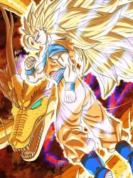 Rule 34 | 1boy, artist name, blonde hair, blue boots, blue sash, blue shirt, blue wrist cuffs, boots, dragon, dragon ball, dragonball z, green eyes, highres, long hair, male focus, no eyebrows, orange pants, orange shirt, pants, sash, shirt, solo focus, son goku, spiked hair, super saiyan, super saiyan 3, wrist cuffs, yamuchasiyagatte