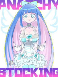1girl bare_shoulders blue_eyes bow breasts choker cleavage corset dress frilled_choker frills highres large_breasts long_hair looking_at_viewer multicolored_hair panty_&amp;_stocking_with_garterbelt sleeveless sleeveless_dress stocking_(psg) thighhighs two-tone_hair white_dress