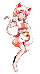 1girl alphes_(style) animal_ears barefoot bell blush cat_ears cat_girl cat_tail commentary_request dairi full_body goutokuji_mike hair_between_eyes hand_up large_variant_set legs multicolored_skirt neck_bell open_mouth orange_eyes parody shirt short_hair skirt solo standing style_parody surprised t-shirt tachi-e tail touhou transparent_background unconnected_marketeers variant_set white_hair