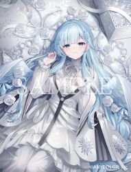 Rule 34 | 1girl, alternate costume, blue eyes, blue hair, closed mouth, copyright name, dress, flower, hair ornament, jimmy madomagi, long hair, long sleeves, nijisanji, official art, rose, sample watermark, sleeves past wrists, smile, solo, virtual youtuber, watermark, white dress, white flower, yukishiro mahiro