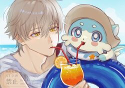 1boy animal animal_ears animal_nose beach blue_eyes blue_fur blue_innertube blue_sky blush_stickers brown_hat caelus_(honkai:_star_rail) chimera_(honkai:_star_rail) cloud cloudy_sky cup day drinking drinking_glass drinking_straw food fruit grey_hair hair_between_eyes hat highres holding holding_cup honkai:_star_rail honkai_(series) ice ice_cube innertube juice looking_at_animal looking_at_viewer lune9q9 ocean open_mouth orange_(fruit) orange_juice orange_slice otter otter_ears outdoors shirt short_hair short_sleeves sky smile star_(symbol) star_print swim_ring t-shirt trailblazer_(honkai:_star_rail) watermark white_shirt yellow_eyes