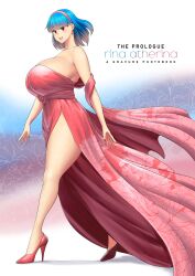 Rule 34 | 1girl, absurdres, blue hair, blush, breasts, curvy, dress, earrings, english text, erkaz, floral print, floral print dress, hairband, high heels, highres, huge breasts, jewelry, looking at viewer, medium hair, original, parted lips, print dress, red dress, red eyes, rina atherina, shiny skin, smile, solo, thick thighs, thighs, wide hips