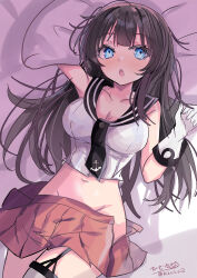 1girl absurdres agano_(kancolle) asymmetrical_legwear black_hair black_sailor_collar blush breasts cleavage gloves green_eyes highres hizaka kantai_collection large_breasts long_hair looking_at_viewer lying navel necktie no_panties on_bed open_mouth pleated_skirt red_skirt sailor_collar school_uniform serafuku single_thighhigh skirt sleeveless solo thighhighs uneven_legwear white_gloves
