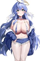 1girl absurdres blue_coat blue_hair blush breasts cleavage coat commentary_request denim denim_shorts green_eyes hair_between_eyes hair_wings halo highres honkai:_star_rail honkai_(series) large_breasts long_hair long_sleeves looking_at_viewer navel parted_lips robin_(honkai:_star_rail) shio05_(05_sio) short_shorts shorts sidelocks simple_background solo standing thighs very_long_hair white_background