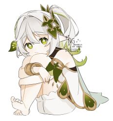 1girl absurdres bare_shoulders barefoot bloomers bracelet cape closed_mouth commentary_request cross-shaped_pupils detached_sleeves dress full_body genshin_impact gold_trim gradient_hair green_eyes green_hair green_sleeves hair_between_eyes hair_intakes hair_ornament highres jewelry kumane_(osakanadonn) leaf_hair_ornament long_hair looking_at_viewer multicolored_hair nahida_(genshin_impact) pointy_ears side_ponytail simple_background sitting sleeveless sleeveless_dress solo symbol-shaped_pupils underwear white_background white_bloomers white_dress white_hair