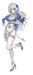 1girl absurdres apron back_bow bikini blue_bikini blue_bow blue_eyes blue_garter_straps blue_hair blue_shoes bow breasts cleavage fang frilled_apron frilled_bikini frills gotica hair_bow hand_on_own_hip high_heels highres long_hair long_sleeves maid maid_headdress multicolored_hair shoes skin_fang smile solo streaked_hair swimsuit thighhighs virtual_youtuber vlyz waist_apron white_apron white_background white_hair white_thighhighs yun_eze