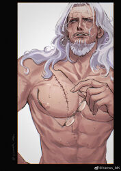 1boy beard black_border border collarbone commentary facial_hair glasses highres holding holding_removed_eyewear male_focus mustache nipples one_piece parted_lips pectorals scar scar_across_eye scar_on_face short_hair silvers_rayleigh solo stitches symbol-only_commentary toned unworn_eyewear vamos_mk wet white_hair