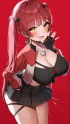 Rule 34 | 1girl, absurdres, ass, black gloves, black shirt, black skirt, blush, breasts, cleavage, collarbone, cowboy shot, crop top, earrings, gawawawa, gloves, heart, heart earrings, heart pendant, hetero, highres, hololive, houshou marine, iii (hololive), jacket, jewelry, large breasts, looking at viewer, midriff, miniskirt, multicolored jacket, pleated skirt, red background, red eyes, red hair, red jacket, shirt, simple background, skirt, solo, strapless, two-tone jacket, virtual youtuber, white jacket, yellow eyes