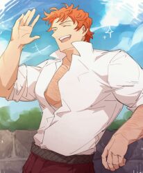 1boy animated animated_gif arm_hair arm_rest arm_up belt black_belt chest_hair closed_eyes cloud collared_shirt commentary fire_emblem fire_emblem:_three_houses highres laughing looping_animation male_focus mixed-language_commentary nintendo open_clothes open_mouth open_shirt orange_hair pants red_pants satodee shirt sky sleeves_rolled_up solo sparkle stone_wall sylvain_jose_gautier teeth tongue upper_teeth_only waving white_shirt
