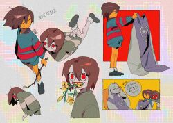 1girl 2others blue_sweater branch brown_hair buttercup_(flower) chara_(undertale) colored_skin dress flower frisk_(undertale) green_sweater highres holding holding_branch long_sleeves looking_at_viewer multiple_others open_mouth purple_dress red_eyes shoes short_hair smile striped_clothes striped_sweater sweater toriel undertale vellmori yellow_flower yellow_skin