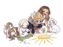 2boys 4girls :o blue_eyes brown_hair character_request crown dark_souls_(series) dark_souls_i dark_sun_gwyndolin donar0217 dragon_tail drooling grin long_hair multiple_boys multiple_girls nameless_king priscilla_the_crossbreed queen_of_sunlight_gwynevere short_hair short_sleeves simple_background smile sun_print tail teeth white_background white_hair yellow_eyes