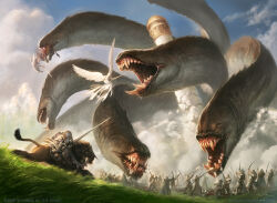 Rule 34 | armor, battle, biting, blood, bow (weapon), cloud, commentary, copyright notice, day, english commentary, feathered wings, holding, holding bow (weapon), holding polearm, holding weapon, horse, horseback riding, hydra, jason chan, knight, lance, magic: the gathering, monster, multiple heads, official art, open mouth, outdoors, people, polearm, riding, sharp teeth, signature, sword, teeth, watermark, weapon, white wings, wings
