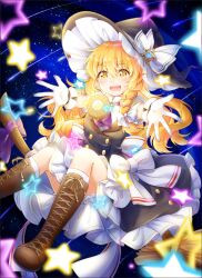 1girl :d ascot black_hat black_skirt black_vest blonde_hair bloomers boots bow braid broom broom_riding brown_boots buttons chinese_commentary commentary double-breasted gloves hacko hair_bow hat hat_ornament kirisame_marisa knee_boots kneehighs lace-up_boots long_hair looking_at_viewer mini-hakkero mixed-language_commentary open_mouth outstretched_arms purple_ascot shirt shooting_star side_braid single_braid skirt smile socks solo star_(sky) star_(symbol) star_hat_ornament starry_sky_background touhou under_table underwear very_long_hair vest white_bloomers white_bow white_gloves white_shirt white_socks witch_hat yellow_eyes yin_yang
