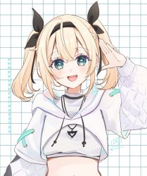 1girl :d arm_up black_hairband black_ribbon blonde_hair breasts commentary_request crop_top cropped_hoodie drawstring green_eyes grid_background hair_between_eyes hair_ribbon hairband hololive hood hood_down hoodie kazama_iroha kazama_iroha_(pop_dance) layered_sleeves long_sleeves looking_at_viewer open_mouth puffy_long_sleeves puffy_sleeves ribbon rino_cnc shirt short_over_long_sleeves short_sleeves small_breasts smile solo twintails upper_body virtual_youtuber white_hoodie white_shirt
