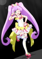 Rule 34 | 1girl, :d, ahoge, bad id, bare shoulders, blush, bow, breasts, coattails, commentary request, detached sleeves, dot nose, dress, frilled dress, frilled garter, frills, full body, green eyes, hair bow, hand on own hip, hand up, highres, idol, idol clothes, indoors, legwear garter, long hair, looking at viewer, manaka laala, multicolored dress, no pupils, one eye closed, open mouth, pink bow, pink dress, pink shoes, pretty series, pripara, puffy short sleeves, puffy sleeves, purple hair, see-through clothes, see-through sleeves, shoes, short dress, short sleeves, small breasts, smile, solo, standing, standing on one leg, straight hair, striped clothes, striped dress, striped thighhighs, thighhighs, v, v over eye, vertical-striped clothes, vertical-striped dress, vertical-striped thighhighs, very long hair, white dress, white thighhighs, wrist bow, yakizakana (yakizakana10967), yellow dress, zettai ryouiki