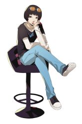 Rule 34 | 1girl, black hair, black shirt, blazpu, blue pants, blunt bangs, brown eyes, chair, closed mouth, collarbone, commentary, commission, crossed legs, denim, elbow rest, english commentary, eyewear on head, full body, hand on own cheek, hand on own face, head rest, highres, jeans, long sleeves, looking at viewer, ohya ichiko, on chair, pants, persona, persona 5, red lips, shirt, short hair, sitting, solo, white background, white undershirt