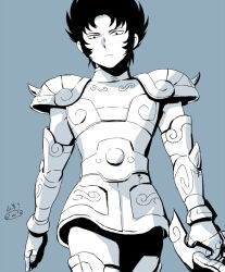 1boy black_hair capricorn_shura cowboy_shot expressionless fake_horns gold_cloth greyscale helmet holding holding_helmet horned_helmet horns libra_douko looking_at_viewer looking_down male_focus mizuhara_aki monochrome saint_seiya short_hair shoulder_spikes sideburns solo spiked_hair spiked_pauldrons spikes unworn_headwear unworn_helmet