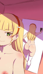 1girl absurdres ass blonde_hair blunt_bangs box_wonderland breasts closed_mouth commentary full-length_mirror green_eyes hairband heanna_sumire highres holding holding_phone indoors large_breasts long_hair looking_at_viewer love_live! love_live!_superstar!! mirror nipples phone red_hairband reflection reflection_focus selfie smile solo taking_picture thighhighs topless_female white_thighhighs