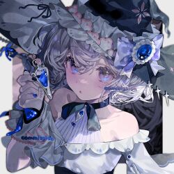 1girl :o bare_shoulders black_background black_bow black_bowtie black_corset black_hat blue_bow blue_gemstone blue_nails border bow bow_choker bowtie buttons choker collarbone commission corset dot_nose dress eyelashes floral_print frilled_headwear frilled_sleeves frills gem gem_hat_ornament grey_border grey_hair hair_between_eyes hat hat_bow holding holding_vial lace-trimmed_wrist_cuffs lace_trim lanming_yitiao_jiushi_hua large_hat light_blush looking_at_viewer nail_polish off-shoulder_dress off_shoulder open_mouth original outside_border pinstripe_pattern pinstripe_shirt potion purple_bow purple_eyes shirt shirt_under_dress short_hair short_sleeves solo upper_body vial watermark white_dress white_shirt white_wrist_cuffs witch witch_hat wrist_bow wrist_cuffs