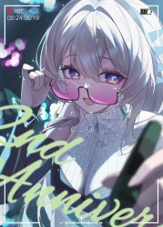 1girl absurdres battery_indicator black_headband black_sleeves detached_sleeves dress firefly_(honkai:_star_rail) firefly_(on_the_journey)_(honkai:_star_rail) gradient_eyes green_pupils grey_hair hair_between_eyes hair_intakes hair_ornament headband highres honkai:_star_rail honkai_(series) jw_(wrdawrda) looking_over_eyewear multicolored_eyes open_mouth purple-tinted_eyewear recording shirt signing sleeveless sleeveless_turtleneck smile solo sweater_under_dress tinted_eyewear turtleneck turtleneck_dress turtleneck_shirt viewfinder