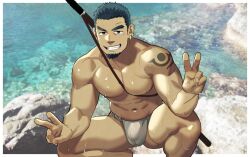 1boy abs bara black_hair blurry blurry_background bow bulge ear_piercing earrings fundoshi green_eyes holding holding_weapon itto_(mentaiko) japanese_clothes jewelry large_pectorals looking_at_viewer male_focus male_underwear manly mature_male muscular muscular_male nipples no_pants no_shirt ocean original outdoors pectorals piercing rock short_hair simple_background smile solo squatting teeth underwear v weapon wet