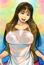 Rule 34 | 1girl, animification, apron, black hair, breasts, brown eyes, fangs, female focus, highres, housewife, inoue kikuko, kishizuka kenji, long hair, mature female, open mouth, real life, real life insert, solo, voice actor connection