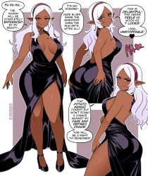 Rule 34 | 1girl, absurdres, ass, ass focus, backless dress, backless outfit, black dress, blush, breasts, breasts apart, dark-skinned female, dark elf, dark skin, dress, elf, elf-san wa yaserarenai., hairband, high heels, highres, kuroeda (elf-san wa yaserarenai.), long hair, long pointy ears, mole, mole under eye, multiple views, nico-neko, pointy ears, sideboob, speech bubble, thighs, very dark skin, white hair