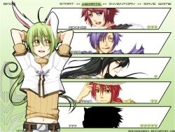 animal_ears arms_behind_head assassin_cross_(ragnarok_online) black_hair brown_shirt closed_mouth commentary cropped_jacket english_commentary fox_mask fumiddition green_eyes green_hair hunter_(ragnarok_online) jacket long_hair lord_knight_(ragnarok_online) male_focus mask mask_on_head open_mouth purple_eyes purple_hair rabbit_boy rabbit_ears ragnarok_online red_hair shirt short_hair short_sleeves smile sniper_(ragnarok_online) solo_focus star_gladiator_(ragnarok_online) upper_body white_jacket yellow_eyes