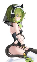 Rule 34 | 1girl, animal ears, arin (1010 ssu), bell, benghuai xueyuan, black garter straps, black leotard, black veil, blush, breasts, cat ears, cat tail, commentary request, fake animal ears, fake tail, from side, garter straps, green eyes, green hair, highres, honkai (series), leotard, neck bell, see-through clothes, see-through veil, short hair, simple background, sitting, small breasts, solo, tail, thighhighs, thighs, veil, wariza, white background, white thighhighs, yssring leavtruth