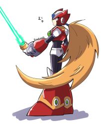 Rule 34 | 1boy, android, armor, blonde hair, blue eyes, chest jewel, energy sword, forehead jewel, from side, full body, helmet, highres, holding, holding sword, holding weapon, long hair, male focus, mega man (series), mega man x (series), meshiuma0x, profile, red armor, red helmet, shoulder armor, simple background, solo, sword, weapon, white background, z saber, zero (mega man)