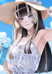 Rule 34 | 1girl, absurdres, adjusting clothes, adjusting headwear, alternate costume, arm up, armpits, bare shoulders, black hair, blonde hair, blue eyes, blue sky, blunt bangs, blush, breasts, closed mouth, commentary request, cup, dhbwinner, dress, hat, highres, hime cut, holding, holding cup, hololive, hololive dev is, juufuutei raden, long hair, looking at viewer, multicolored hair, sky, smile, solo, straw hat, sun hat, sweat, two-tone hair, very sweaty, virtual youtuber, wet, wet clothes, wet dress, white dress