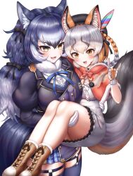 Rule 34 | 2girls, animal ears, blue hair, breasts, carrying, cleavage, dire wolf (kemono friends), extra ears, fox ears, fox girl, fox shadow puppet, fox tail, gloves, grey eyes, grey hair, hat, highres, island fox (kemono friends), jacket, kemono friends, kemono friends v project, large breasts, long hair, looking at viewer, multicolored hair, multiple girls, necktie, neukkom, orange hair, princess carry, ribbon, shirt, simple background, skirt, tail, thighhighs, twintails, virtual youtuber, wolf ears, wolf girl, wolf tail, yellow eyes