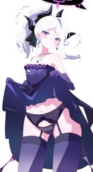 1girl alternate_hairstyle bare_shoulders bead_choker beads black_panties blue_archive blush closed_mouth curtained_hair demon_girl demon_horns demon_wings dress earrings elbow_gloves gloves highres hina_(blue_archive) hina_(dress)_(blue_archive) horns jewelry long_hair necklace official_alternate_costume panties ponytail purple_dress purple_eyes purple_garter_belt purple_garter_straps purple_gloves purple_thighhighs sasanoha_(sasanoha0712) sleeveless sleeveless_dress smile solo strapless strapless_dress thighhighs underwear white_hair wings